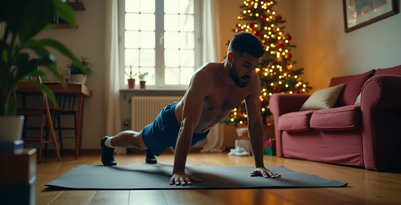 Calciatore dilettante che si allena a casa durante le festività natalizie