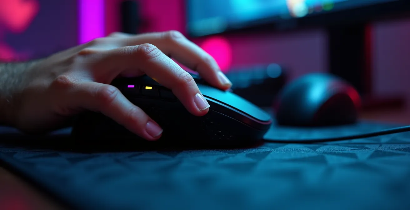 Macro ravvicinata di mani su mouse gaming durante esercizi di precisione