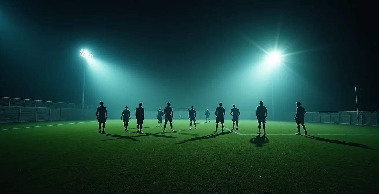 Squadra di dilettanti durante allenamento serale sotto i riflettori