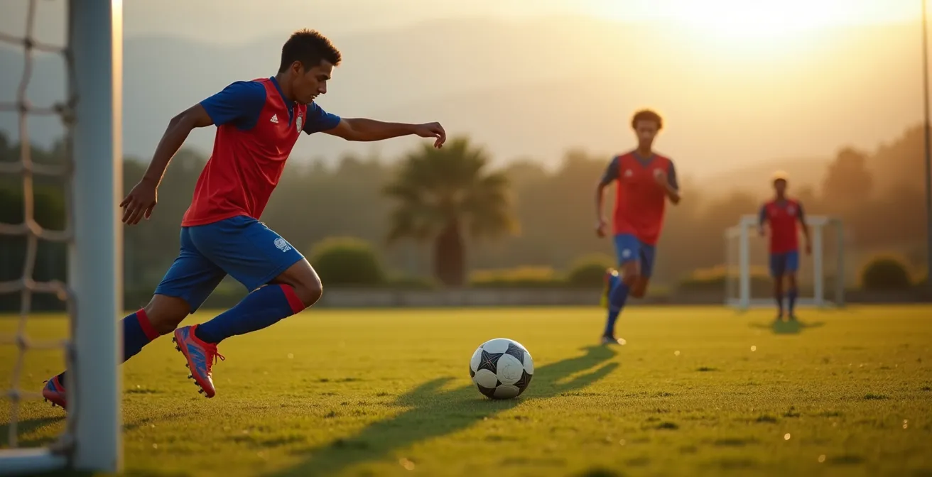 Calciatore italiano in procinto di calciare da fuori area durante un allenamento al tramonto