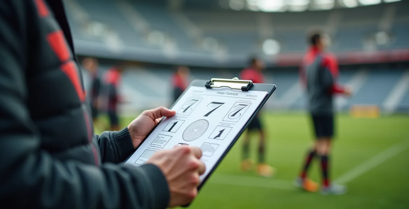 Allenatore con clipboard che valuta i giocatori durante il riscaldamento