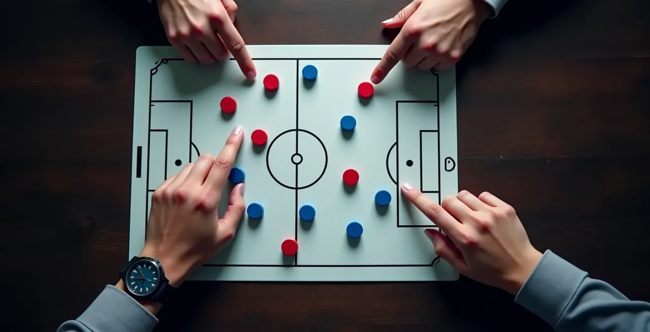 Allenatore mostra analisi video tattica a un giocatore su tablet