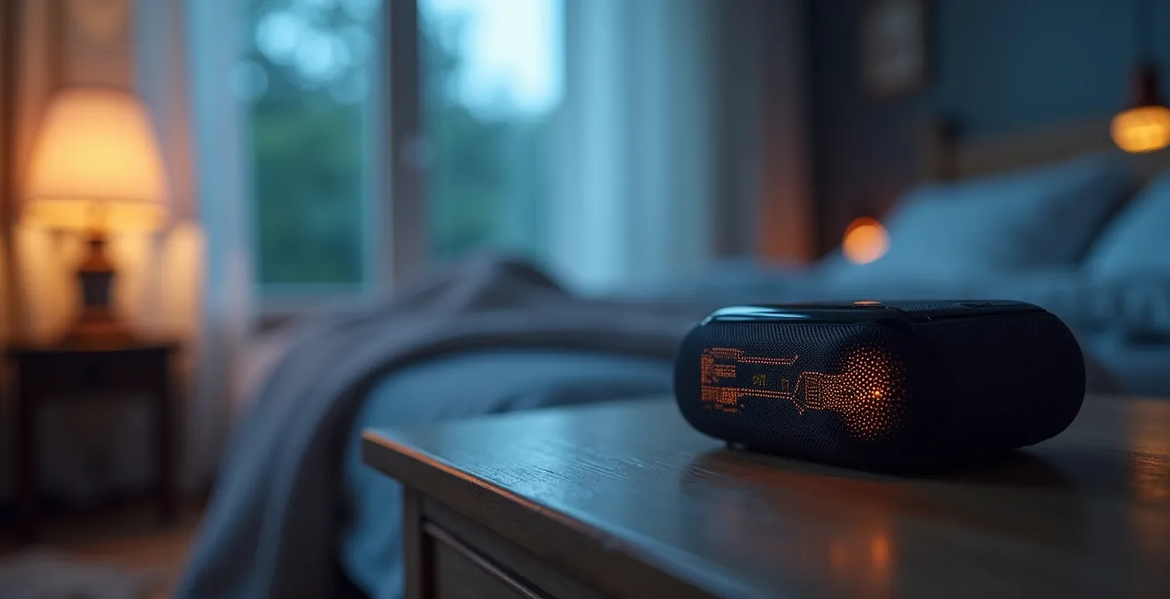 Vista macro di dispositivo di monitoraggio del sonno su comodino con ambiente rilassante per il recupero notturno