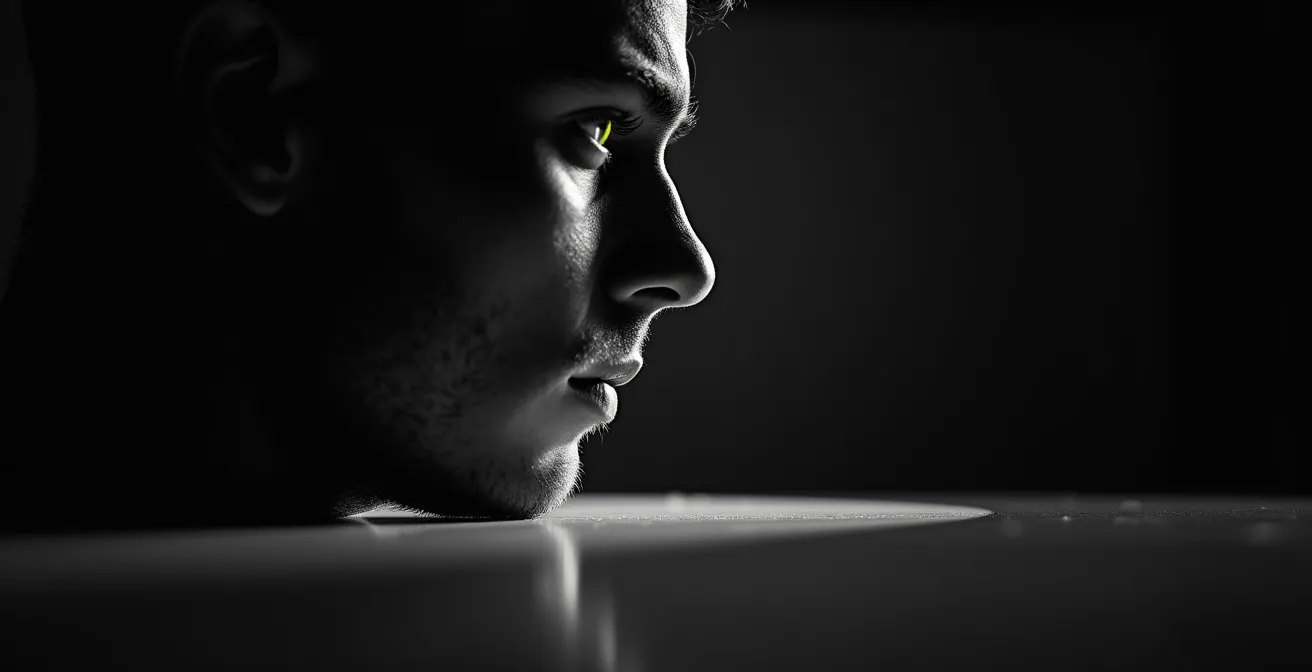 Atleta in concentrazione profonda durante esercizio di visualizzazione mentale