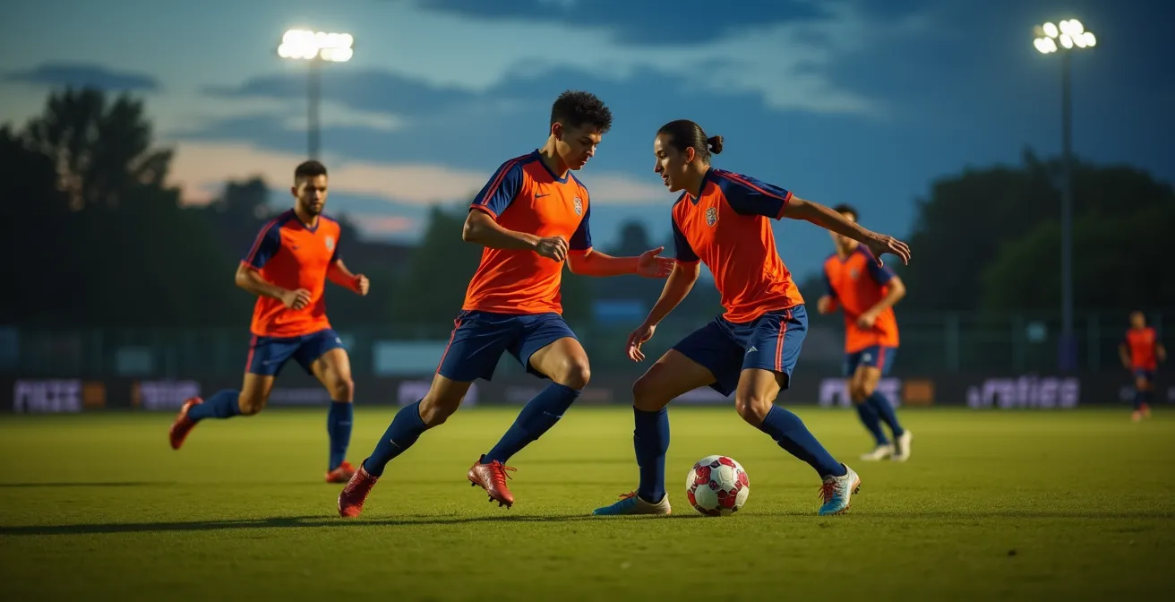 Giocatori dilettanti eseguono torelli ad alta intensità in spazi ridotti sotto le luci artificiali