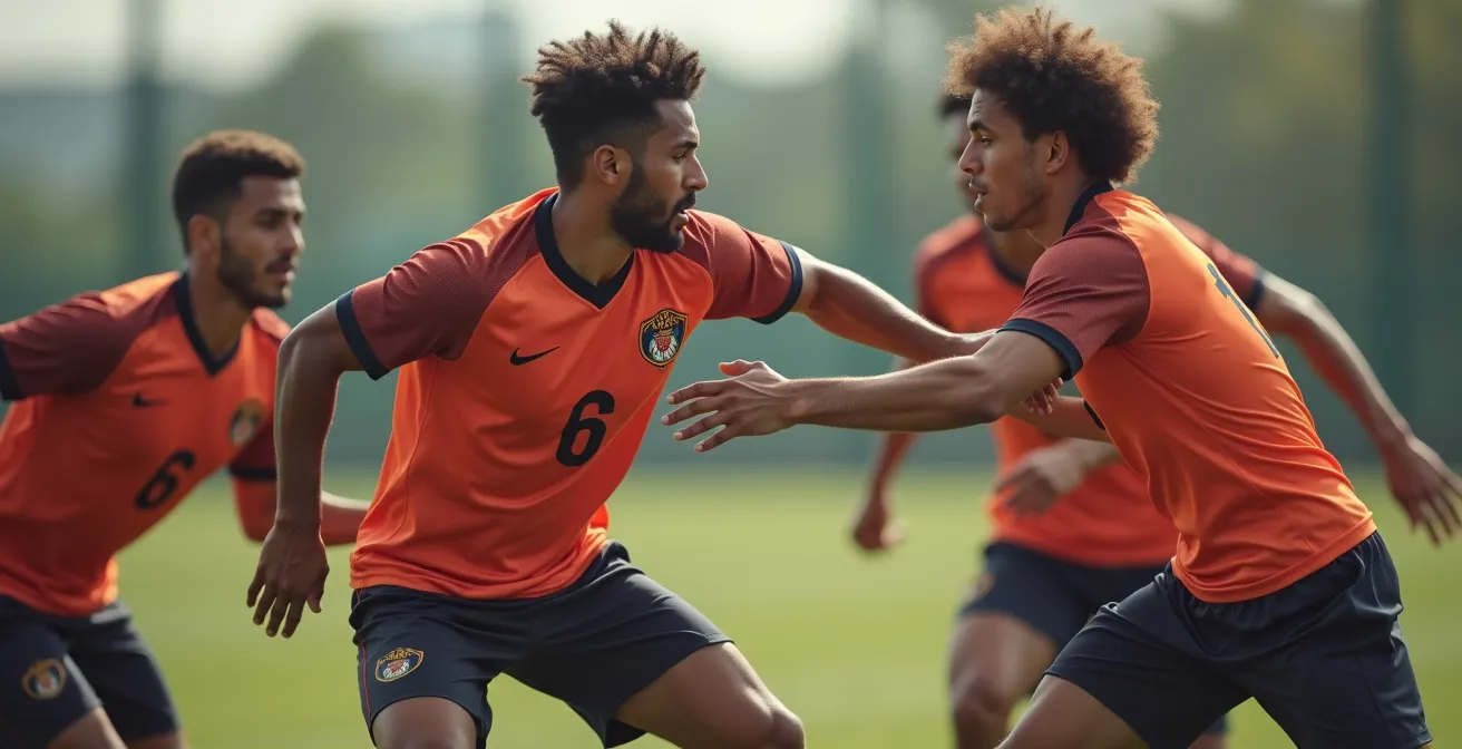 Giocatori dilettanti che eseguono un blocco durante l'allenamento su un campo di Promozione