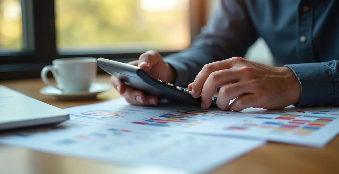 Pianificazione finanziaria per ritiro calcistico con calcolatrice e grafici