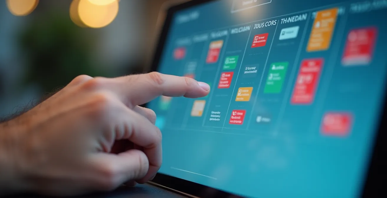 Vista macro di calendario digitale con sessioni di allenamento evidenziate e mani che coordinano orari