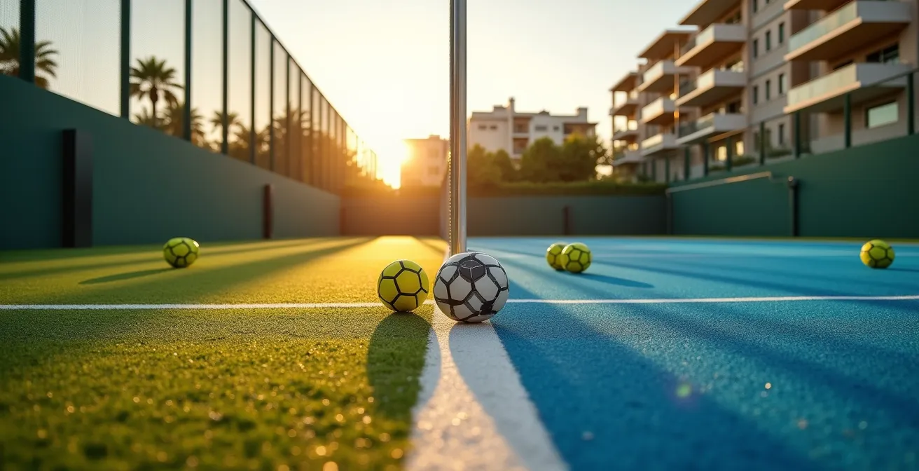 Vista aerea che mostra un campo da calcetto e un campo da padel affiancati, a simboleggiare la competizione tra i due sport.
