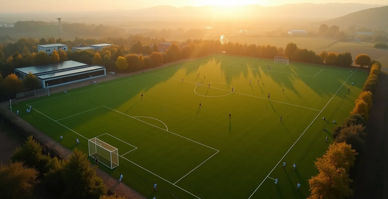 Vista aerea di un moderno centro sportivo con multipli campi da calcio per settore giovanile