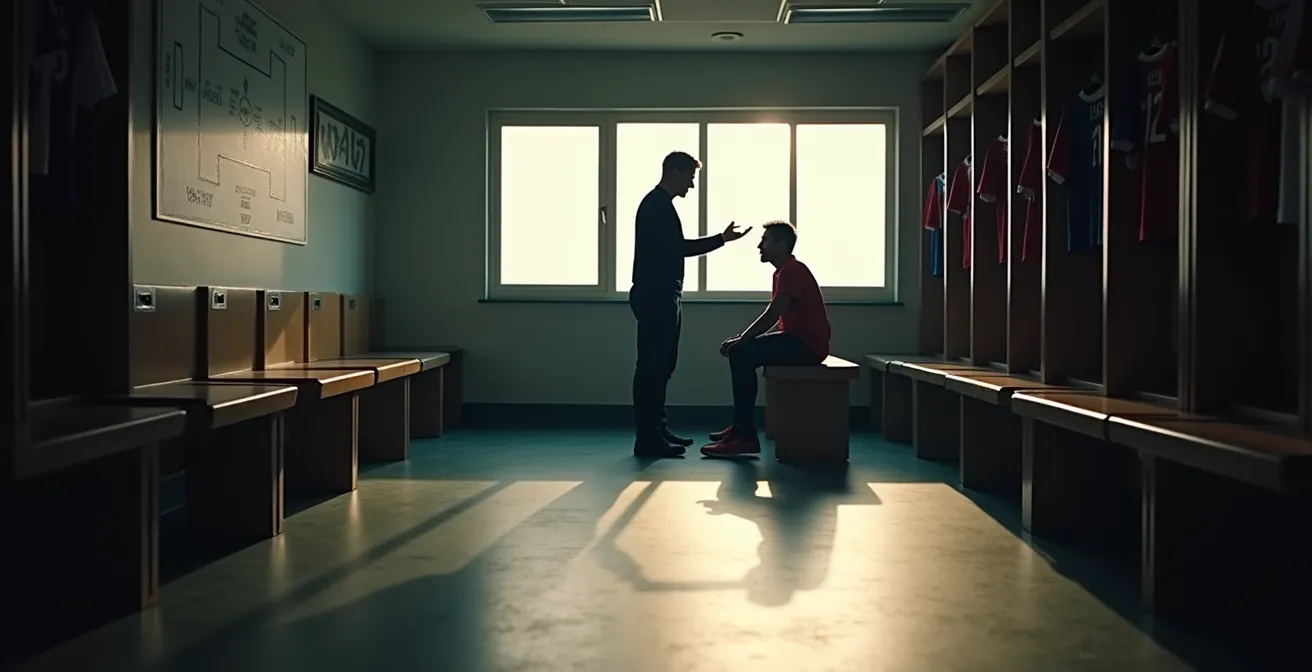 Allenatore che discute con un giocatore nello spogliatoio prima della partita