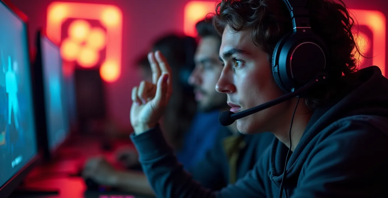 Vista ravvicinata di giocatori con auricolari gaming che comunicano tattiche coordinate