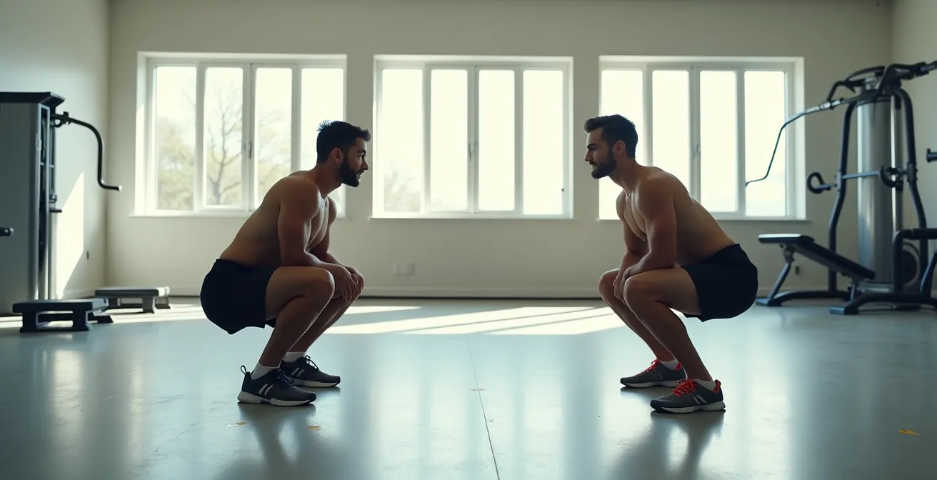 Confronto visivo tra atleti con diverse proporzioni corporee che eseguono squat