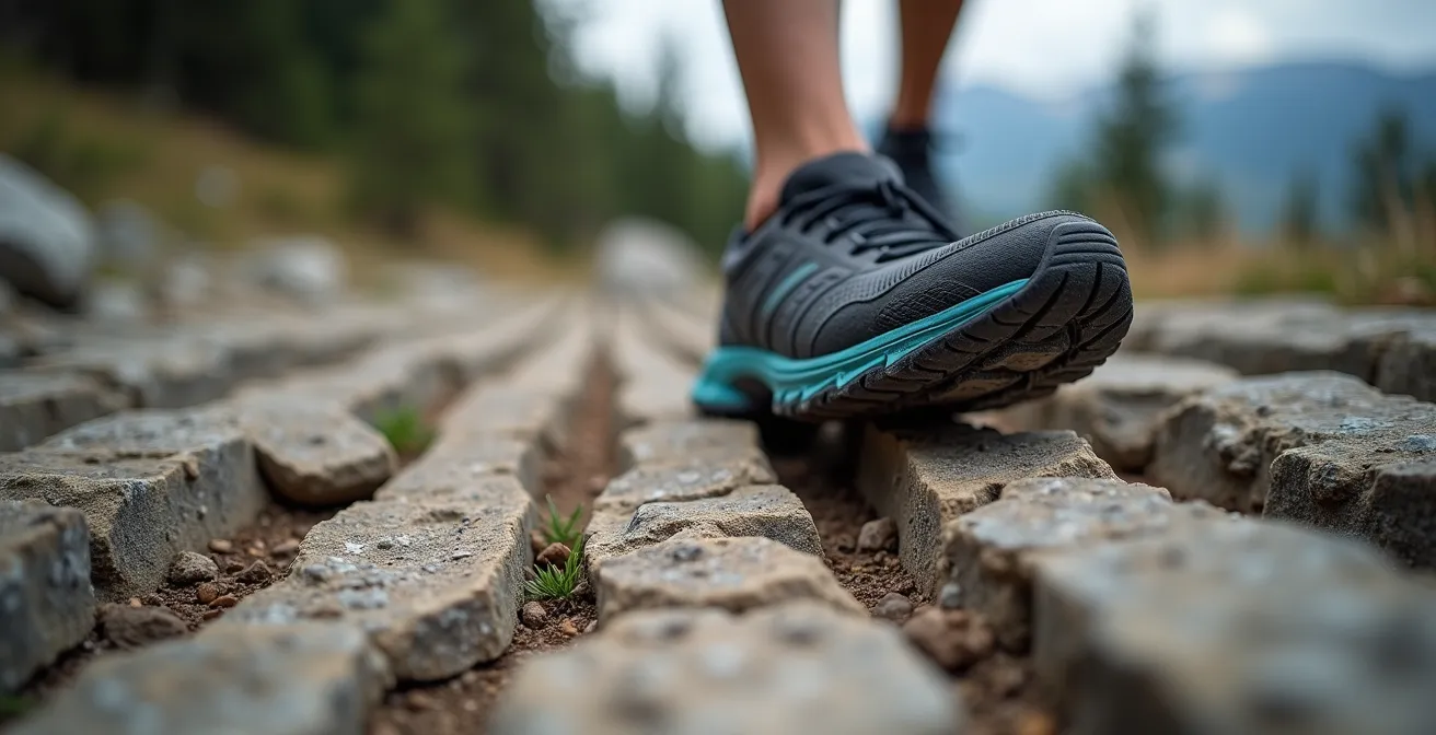 Dettaglio macro di scarpe da trail running su terreno roccioso delle Dolomiti