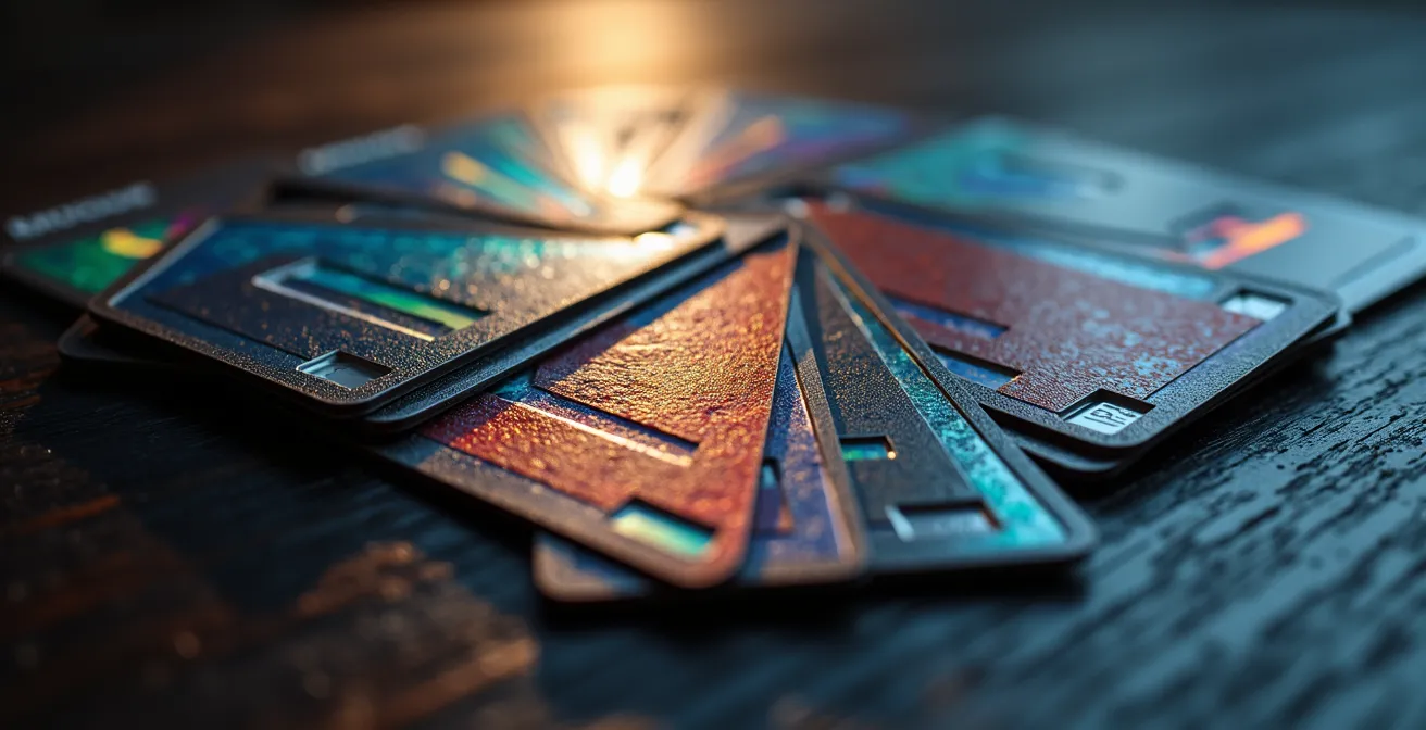 Dettaglio macro di carte giocatore con focus su attributi nascosti evidenziati