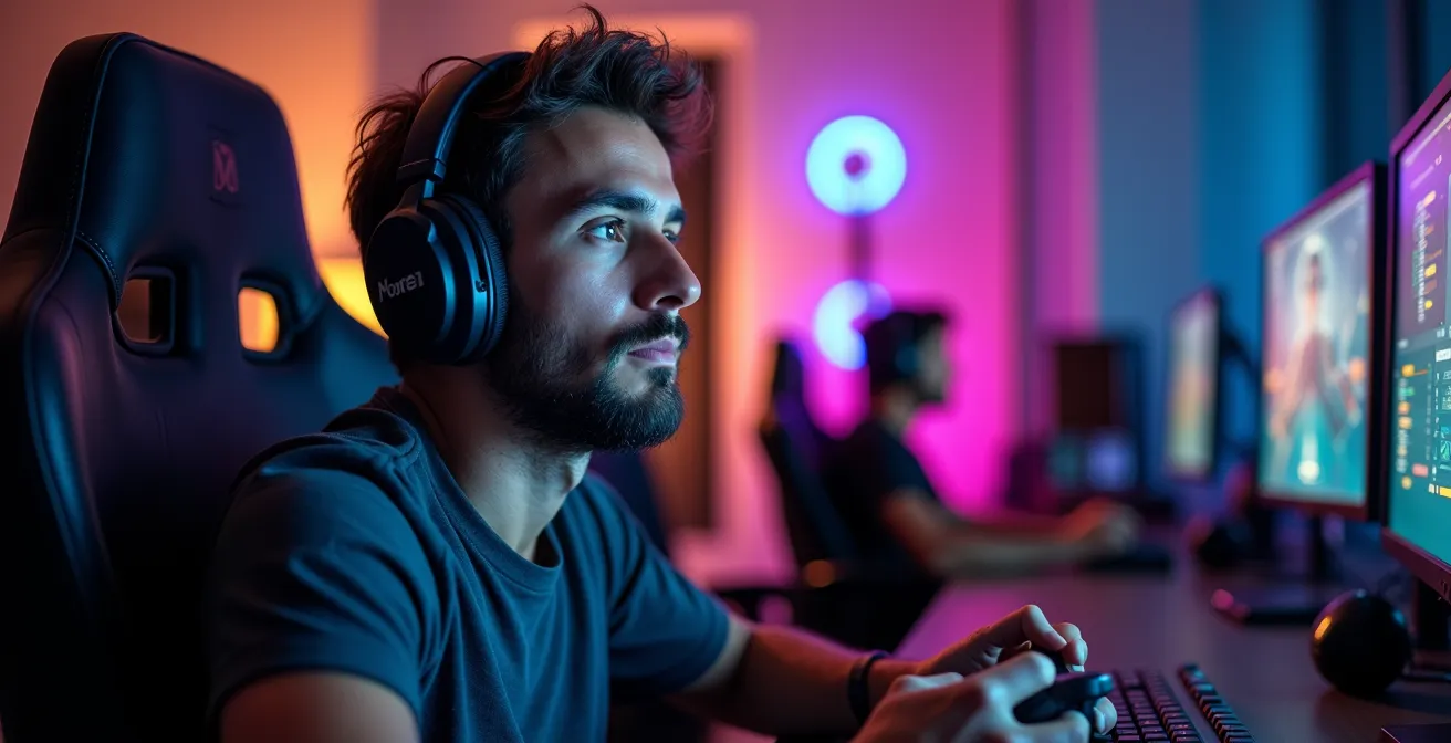 Pro player italiano in streaming con setup professionale e luci colorate