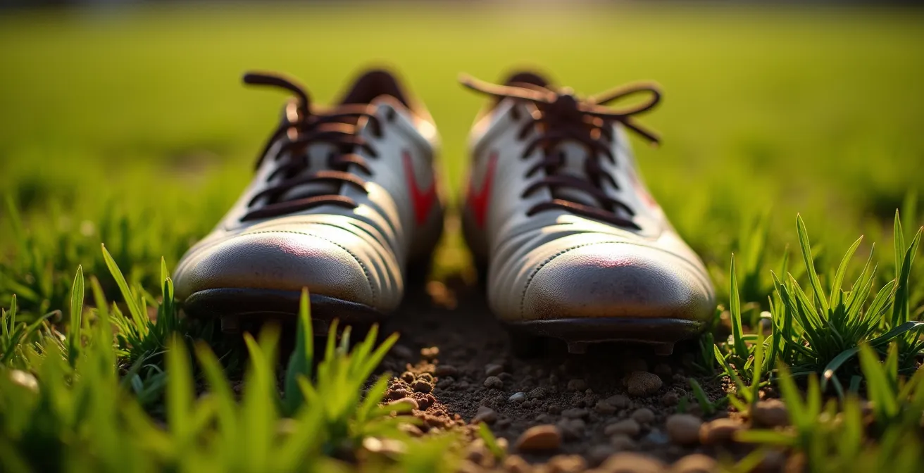 Dettaglio macro di scarpe da calcio sul campo con texture di erba e terra che simboleggia l'alternanza tra vittoria e sconfitta