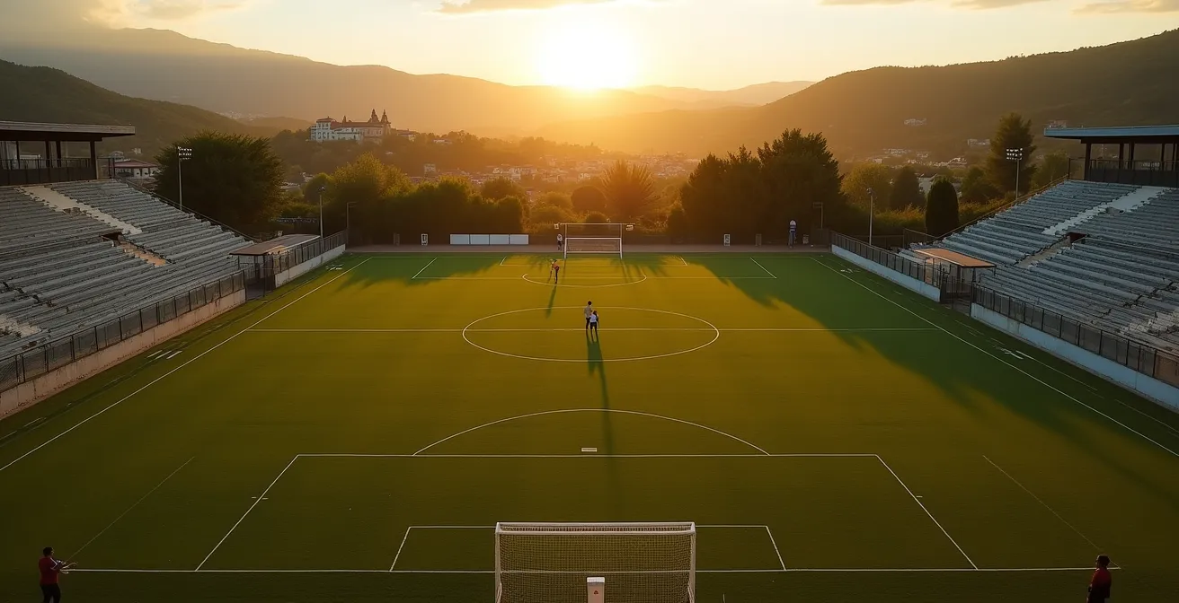 Vista aerea minimalista di un campo da calcio regionale italiano al tramonto, simbolo della solitudine strategica del DS.