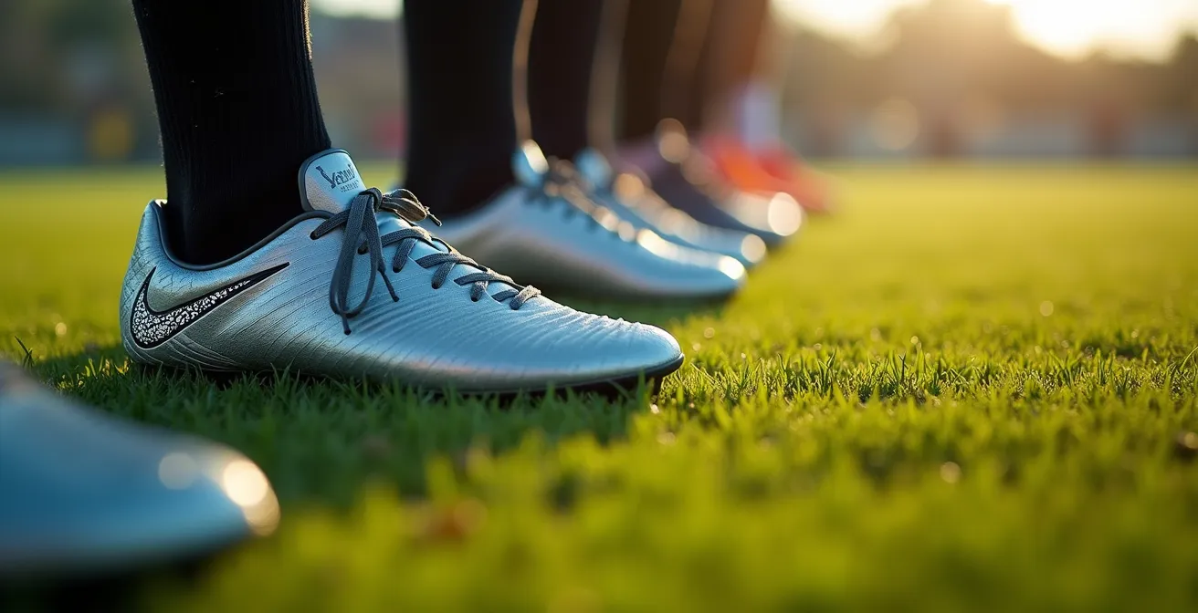 Vista macro di piedi di difensori allineati su campo verde