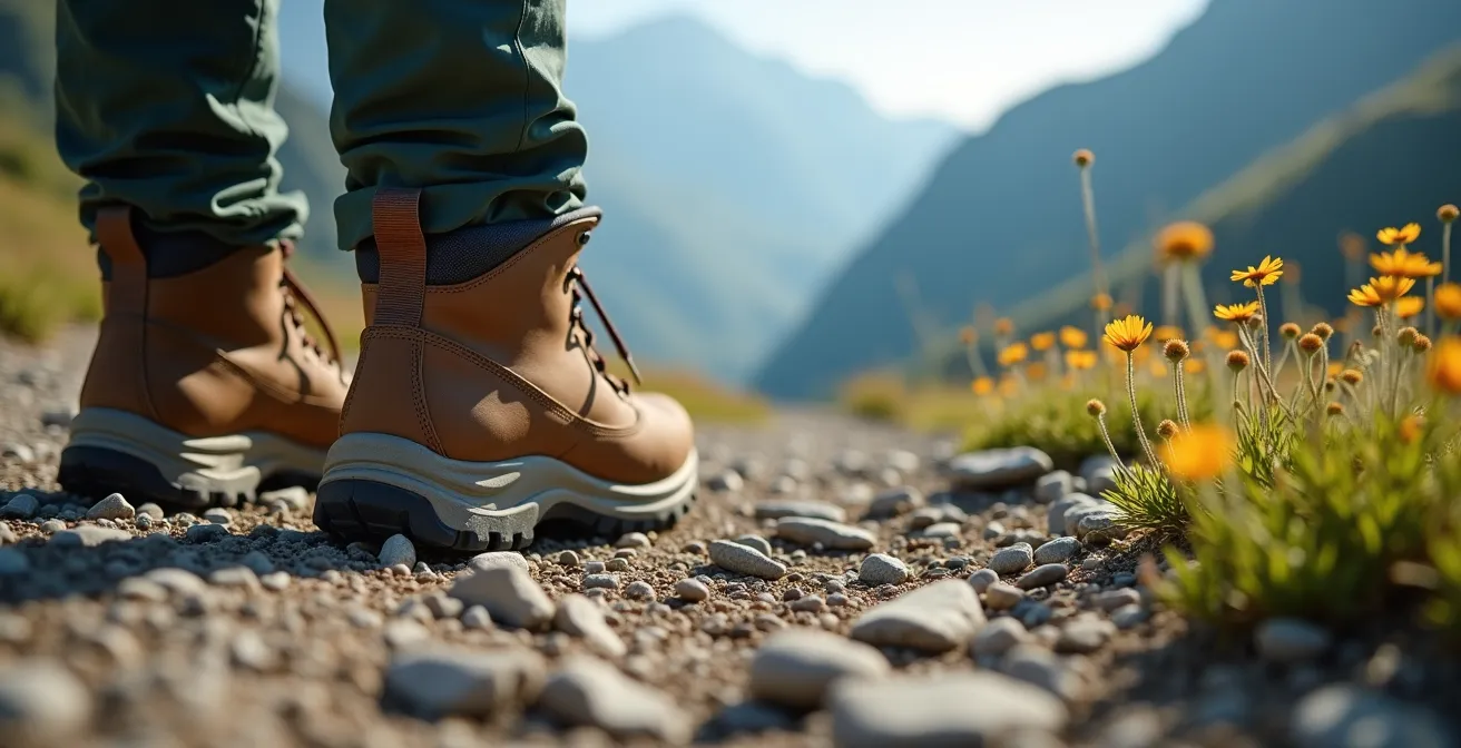 Escursionista che raccoglie rifiuti lungo un sentiero di montagna italiano