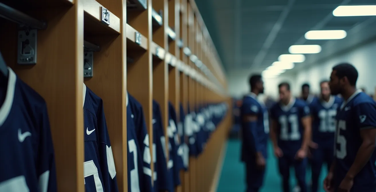 Spogliatoio calcistico con armadietti numerati e divise appese in ordine, simbolo di equità salariale