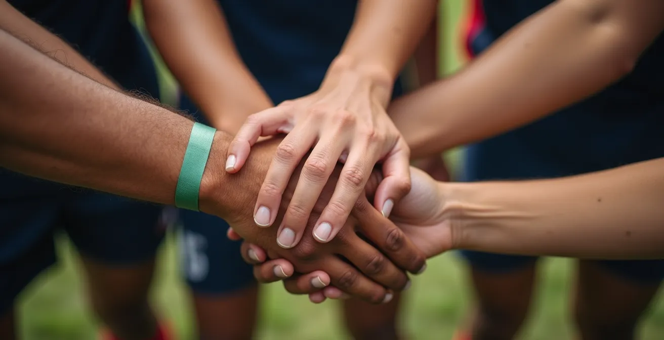 Giovane leader che guida un gruppo di calciatori durante l'allenamento