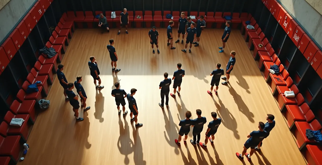Vista aerea di uno spogliatoio con gruppi di giocatori in diverse zone che rappresentano le dinamiche di leadership