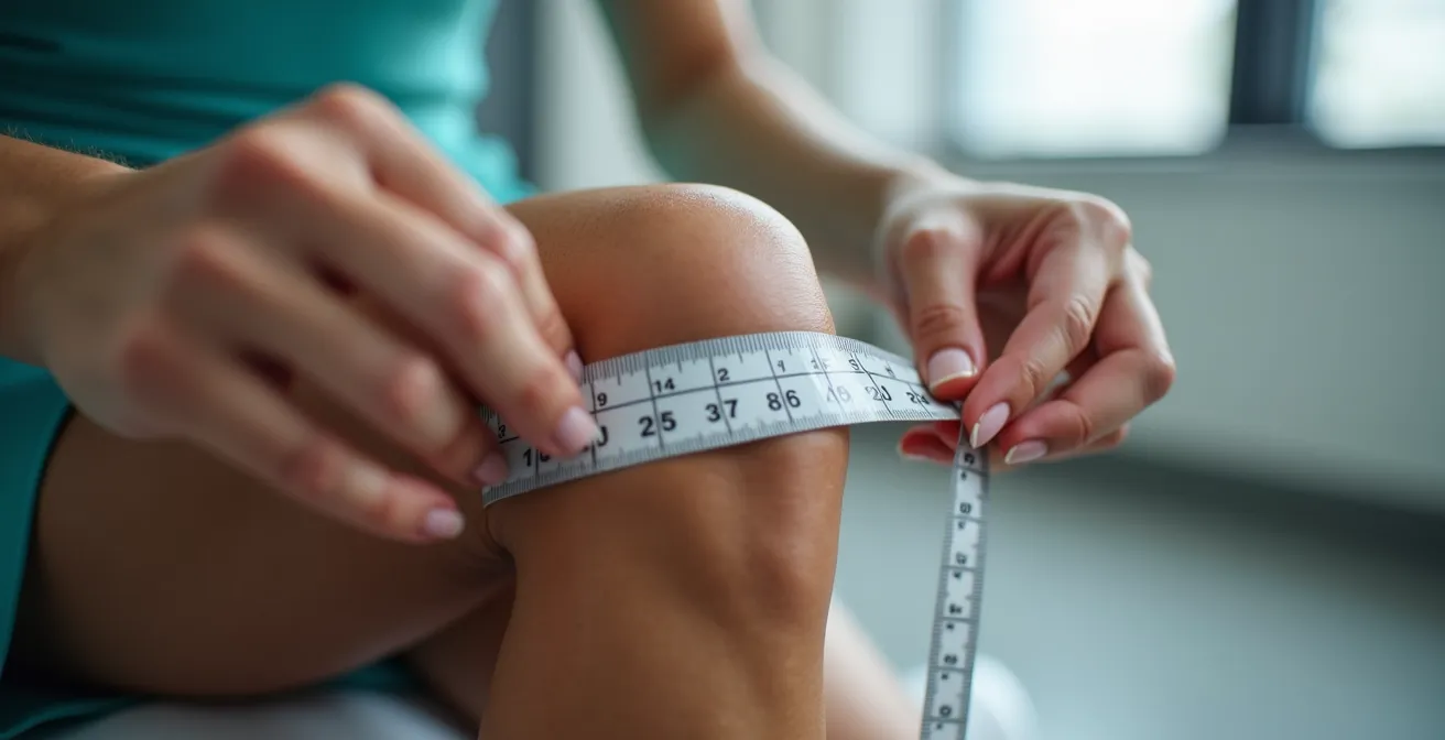 Fisioterapista che misura la circonferenza del ginocchio di un calciatore