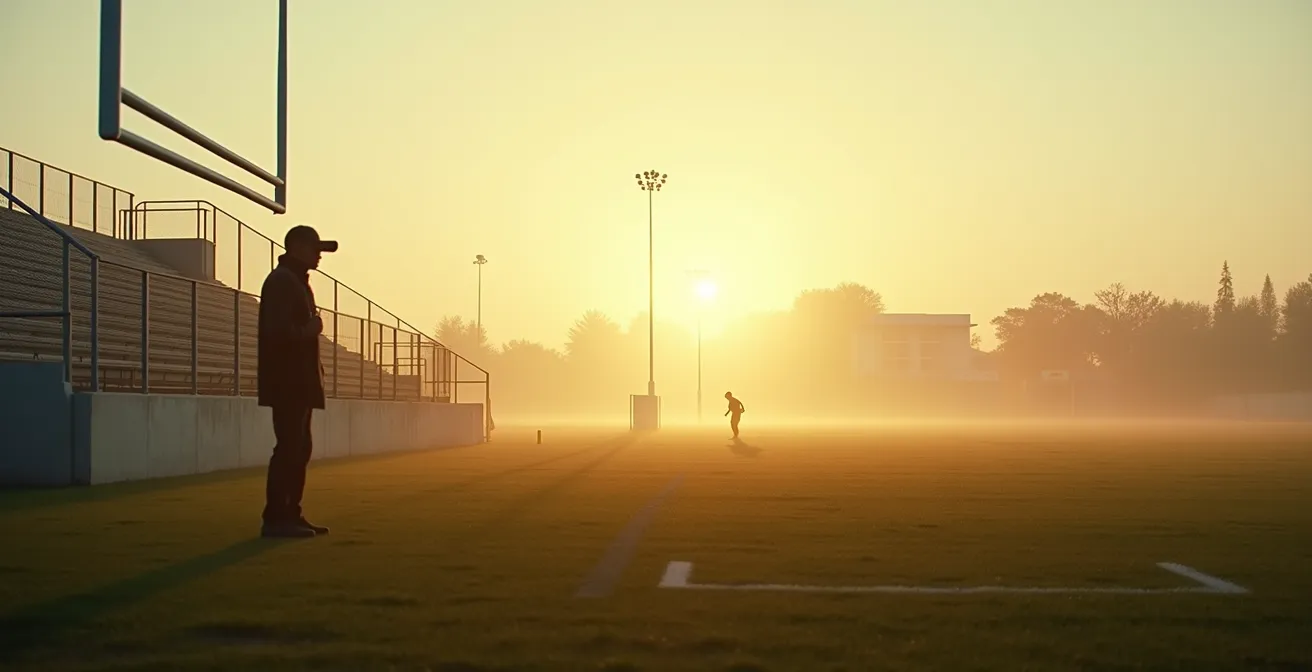 Campo di calcio di periferia all'alba con osservatore solitario che prende appunti