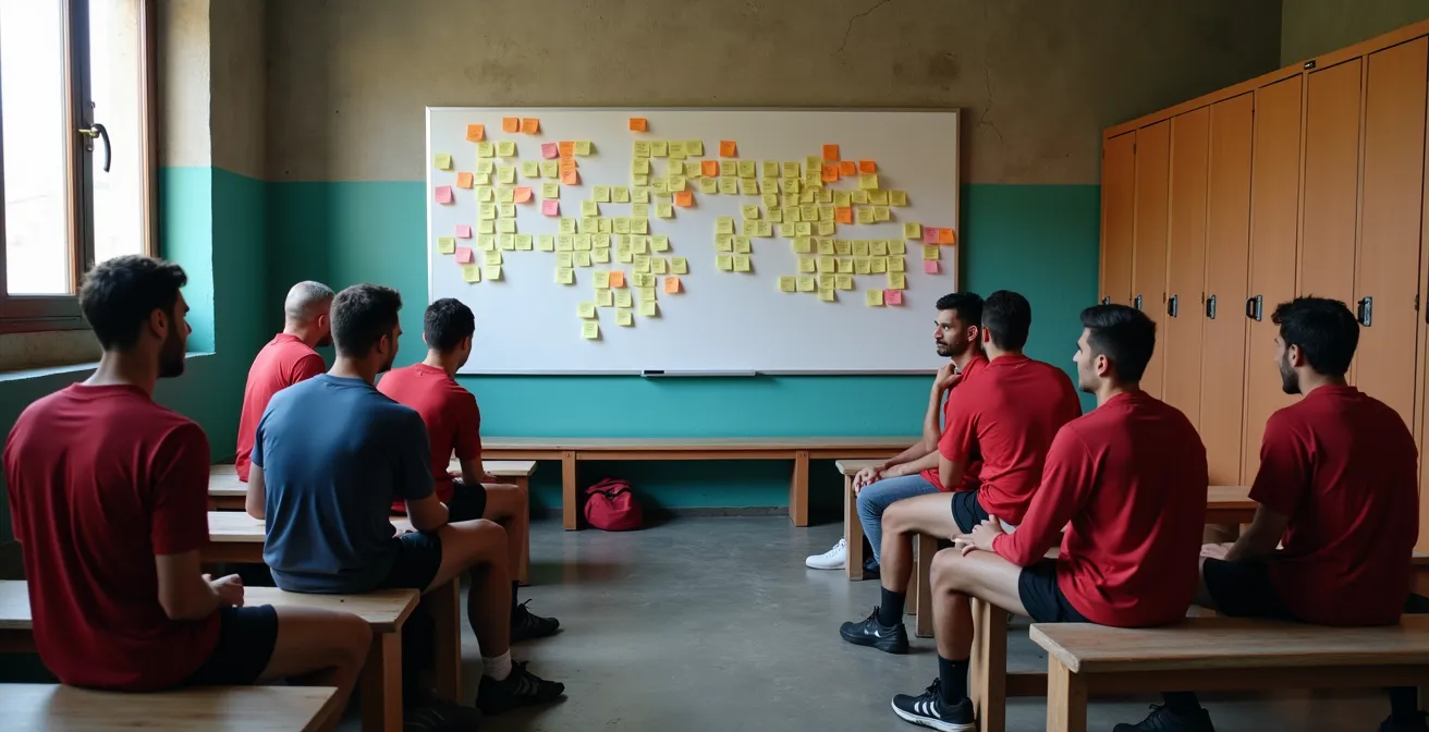 Spogliatoio calcio con lavagna piena di post-it colorati e giocatori che discutono in cerchio