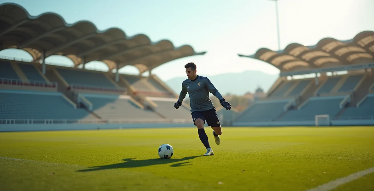 Portiere che effettua un lancio lungo preciso durante la costruzione dal basso