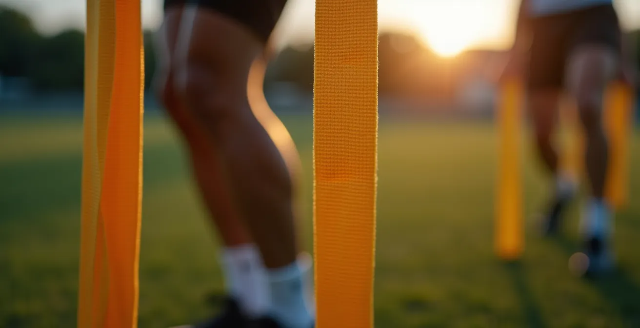 Circuito di potenziamento muscolare con elastici sul campo di allenamento serale