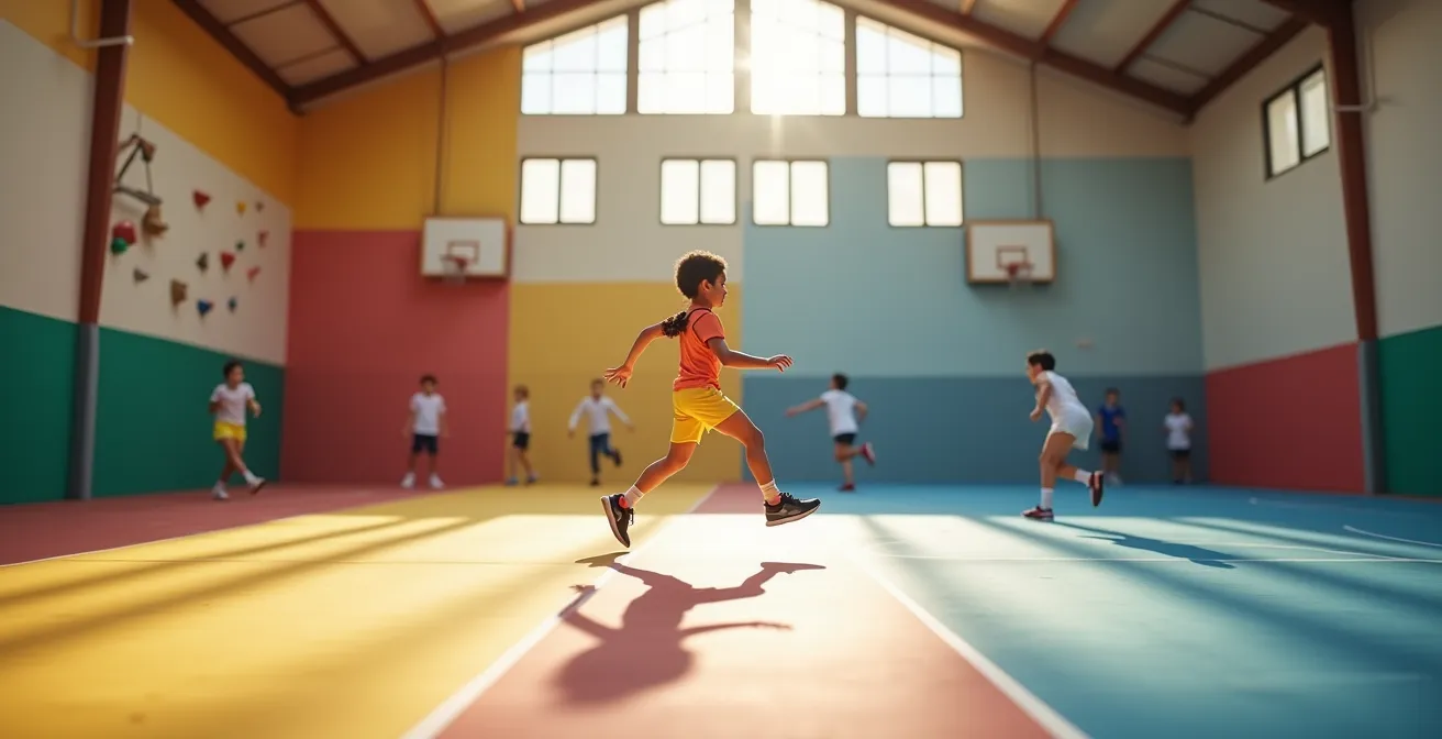 Ragazzo adolescente impegnato simultaneamente in diverse attività sportive in palestra multifunzionale italiana