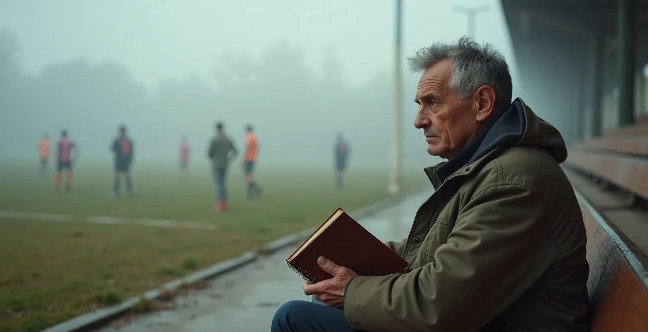 Osservatore solitario prende appunti guardando una partita di calcio provinciale, incarnando lo scouting di talenti.