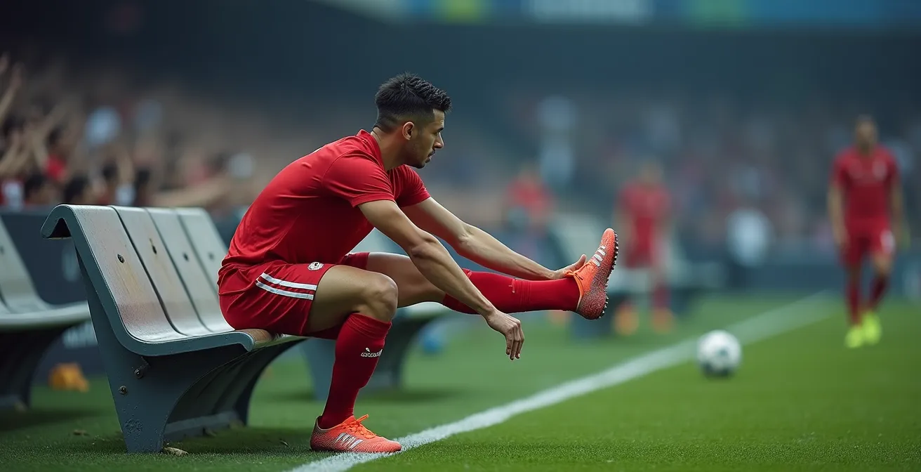 Calciatore esegue esercizi di attivazione muscolare a bordo campo