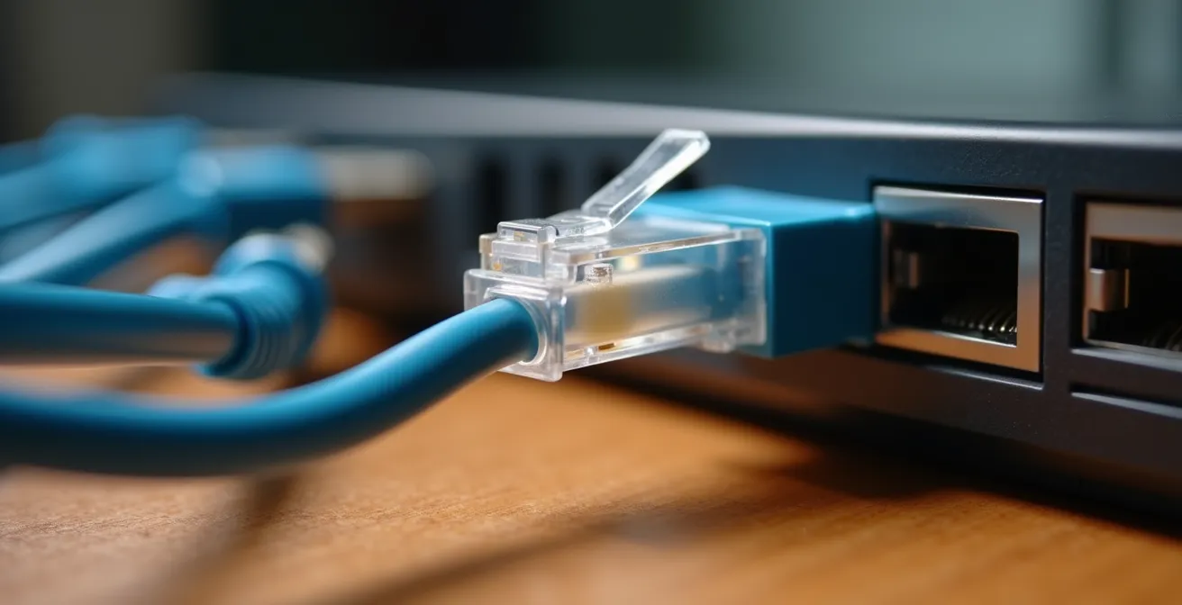 Setup di gaming professionale con cavo ethernet collegato direttamente al router