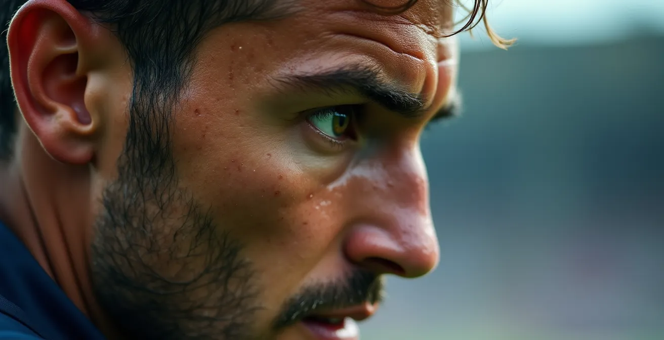 Primo piano dello sguardo concentrato di un difensore durante un duello