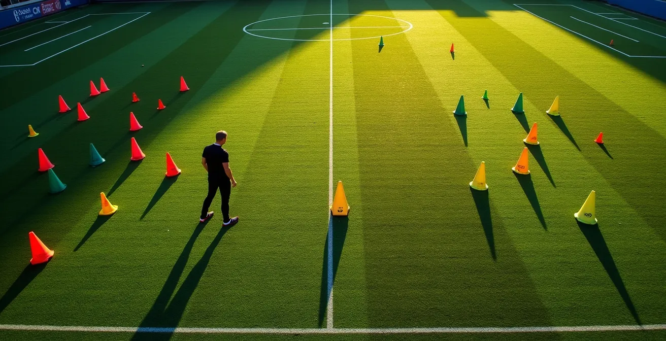 Vista dall'alto di un campo da calcio con mappa dei tiri visualizzata attraverso coni colorati posizionati strategicamente