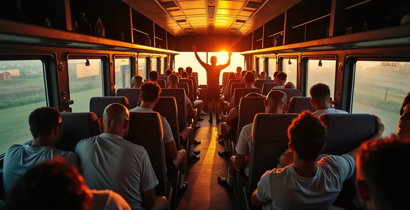 Giocatori che cantano insieme sul pullman dopo una partita in trasferta al tramonto