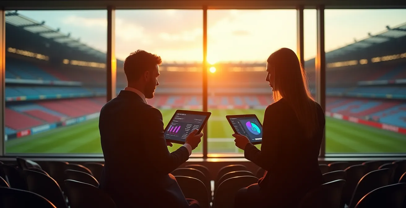 Professionisti del marketing sportivo analizzano dati digitali su dispositivi mobili in uno stadio moderno