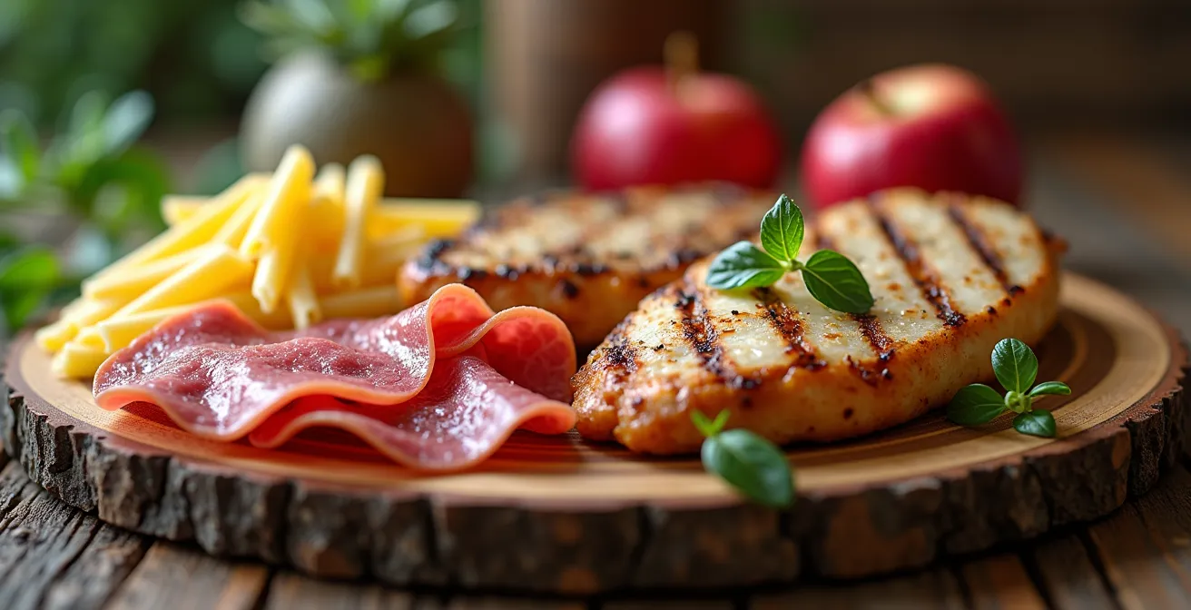 Buffet di alimenti per sportivi con prodotti tipici montani italiani