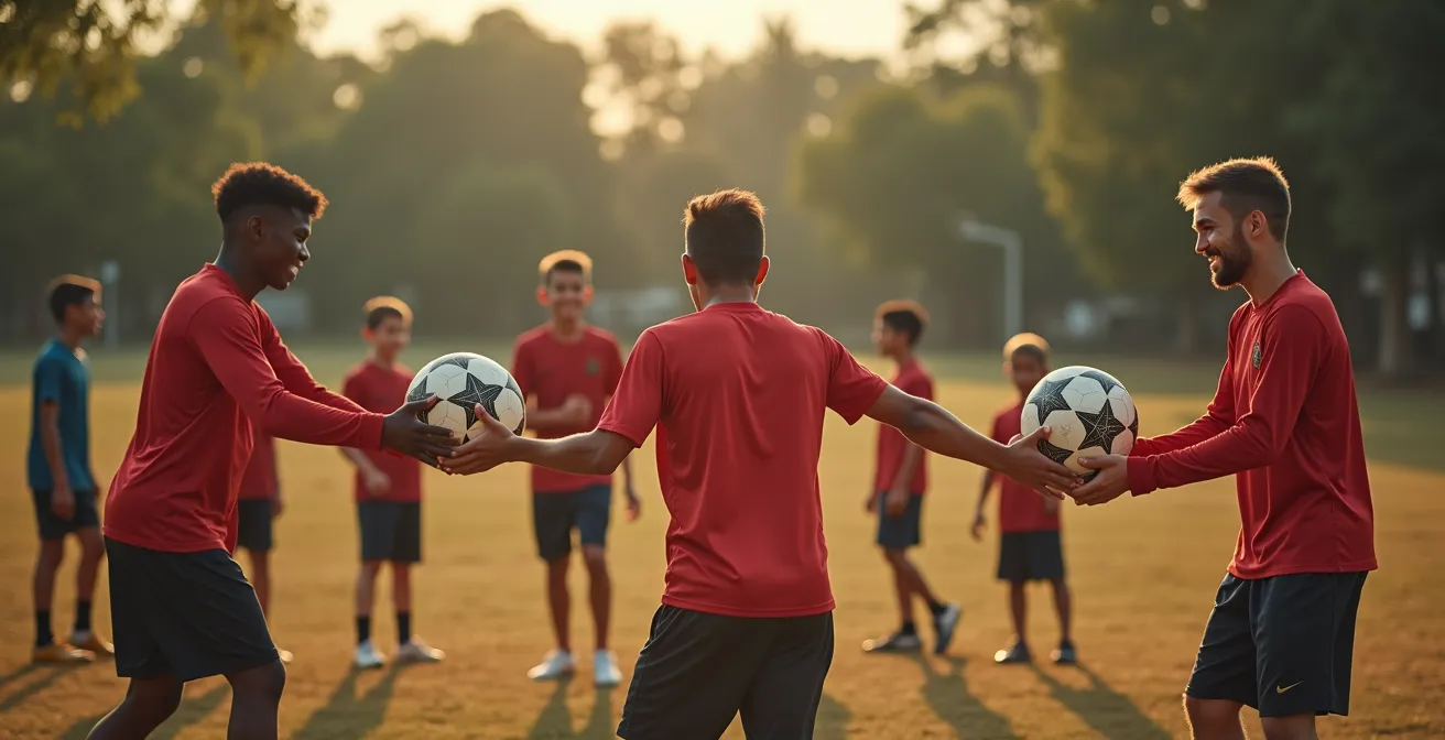Squadra di calcio in attività di volontariato con bambini in un campo sportivo comunitario