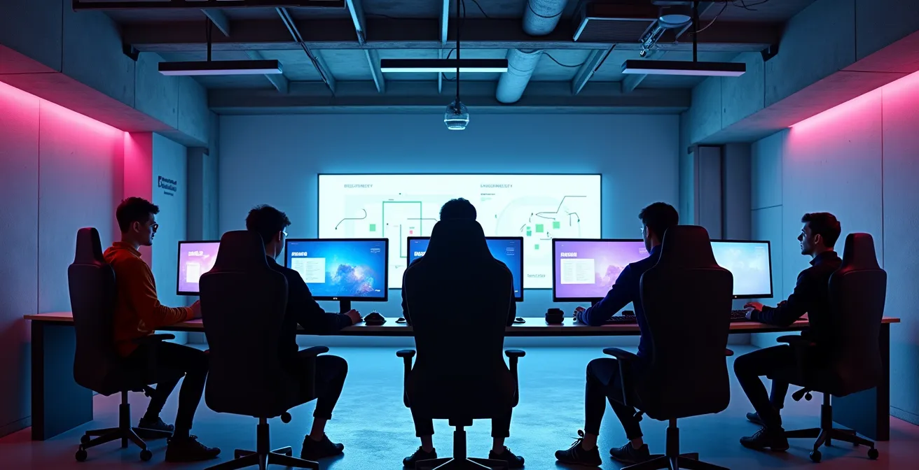 Vista panoramica di un team esports durante una sessione di allenamento tattico