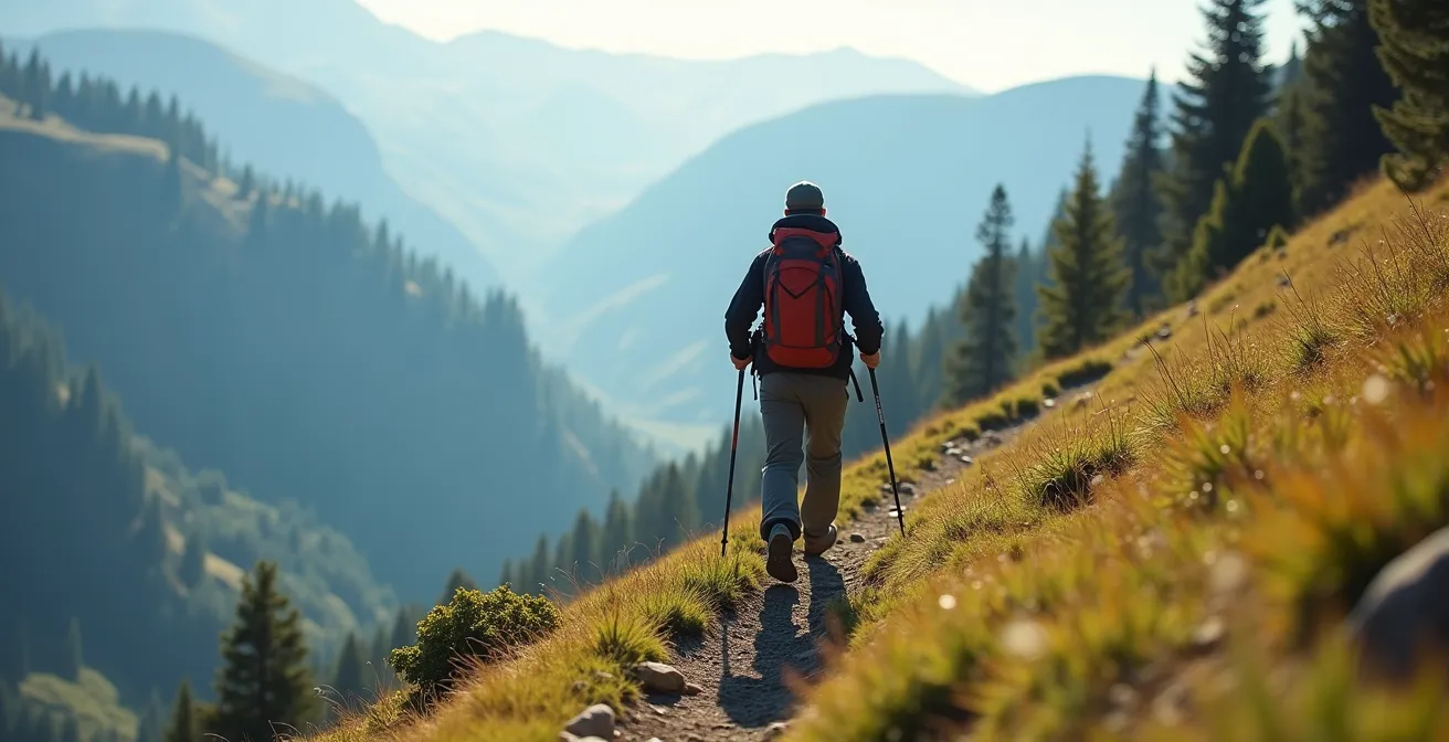 Escursionista che utilizza i bastoncini da trekking in discesa su sentiero alpino