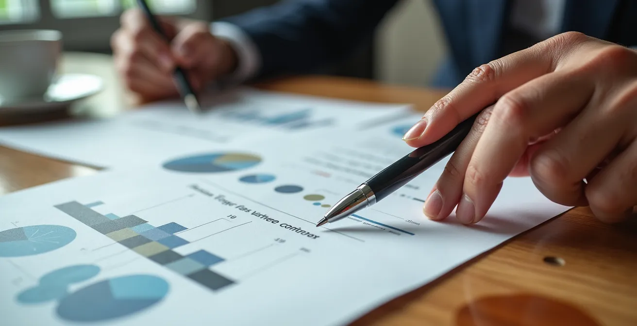 Tavolo negoziale con grafici di performance, contratto e stretta di mano tra dirigente e procuratore