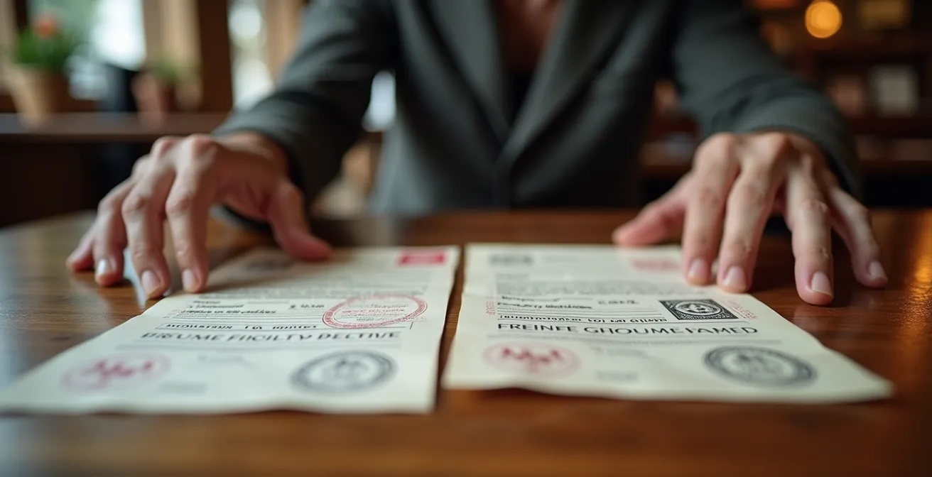 Primo piano di mani che confrontano documenti sportivi con sfondo sfocato a rappresentare la verifica delle fonti nel calciomercato.