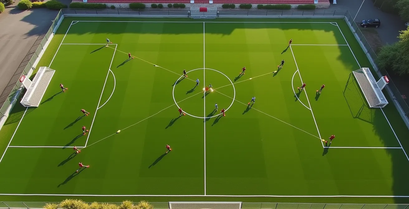 Vista dall'alto di un campo con traiettoria del cambio gioco diagonale evidenziata